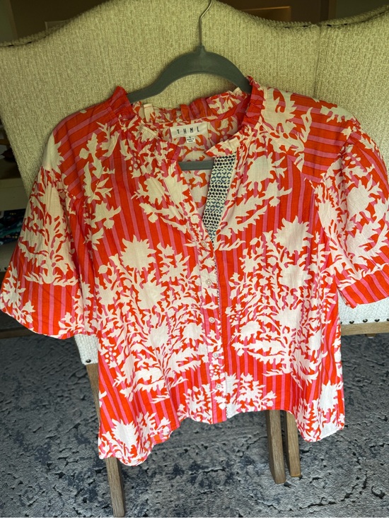 THML Tops - THML Coral-Red & White Floral Stripe Button-Front Top